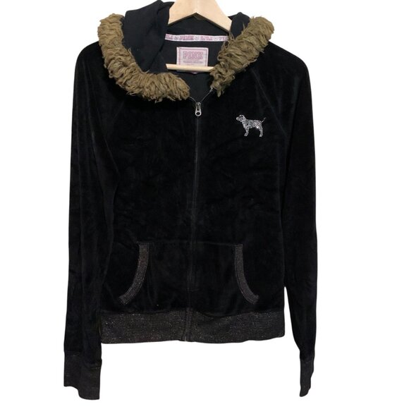 VTG Y2K Pink Victoria’s Secret Hoodie Black Velvet Faux Fur Lined Hoodie UWV Sz - Picture 2 of 12